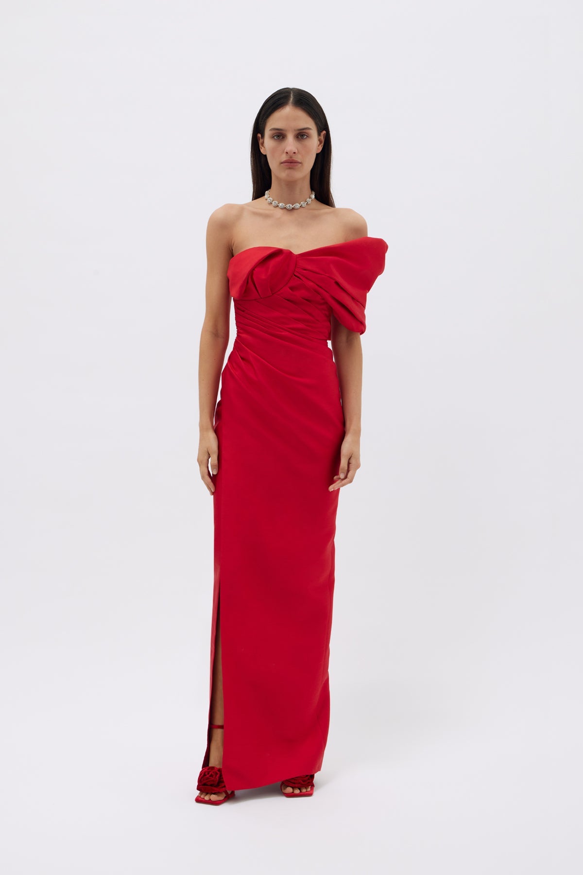 Marlo Gown: sophisticated red off-the-shoulder gown with fitted bodice and floor-grazing skirt, perfect for evening events. 