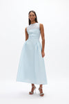 Sophia Dress: sophisticated blue cocktail dress featuring fitted waist and voluminous skirt, perfect for day to night soirees. 