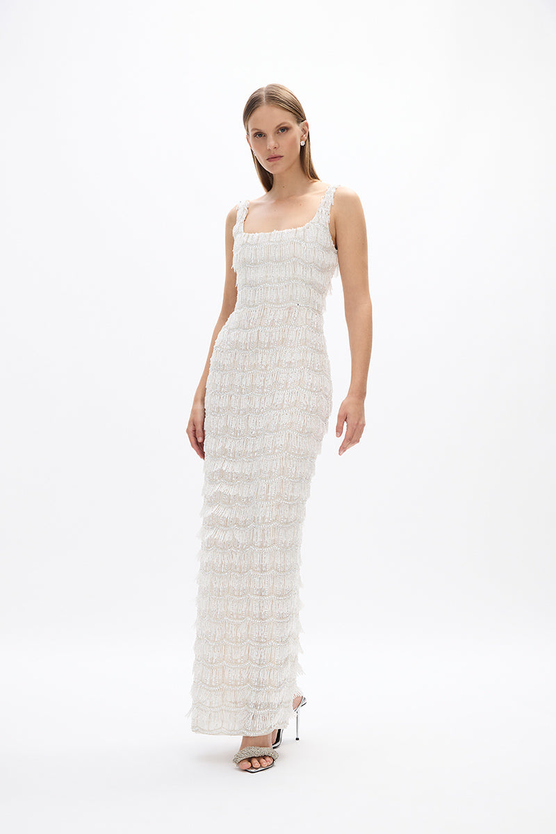 Sadie Gown: luxurious white gown featuring square neckline and hand-embellished detail, perfect for wedding events. 