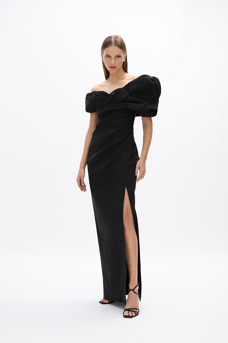 Gia Gown: black full-length formal gown featuring voluminous off-the-shoulder detail, perfect for evening events.