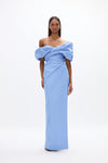 Gia Gown: blue full-length formal gown featuring voluminous off-the-shoulder detail, perfect for evening events.