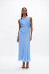 Quinn Dress: Elegant blue mid-length dress featuring cut-out detail and lightweight fabric. Perfect for cocktail events.