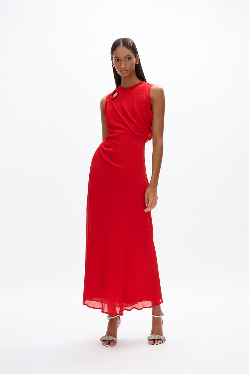 Quinn Dress: Elegant red mid-length dress featuring cut-out detail and lightweight fabric. Perfect for cocktail events.