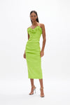 Ren Dress: chic mid-length lime green cocktail dress featuring ruched fabric and wave detail across décolletage. Perfect for evening events.  