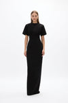 Dover Gown: elegant black evening gown featuring short sleeves, fitted waist and floor grazing skirt. 