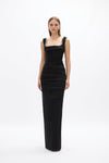 Onyx Gown: elegant black full-length gown with fitted bodice and hand-embellished detail, perfect for formal events. 