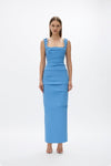 Onyx Gown: elegant blue full-length gown with fitted bodice and hand-embellished detail, perfect for formal events. 