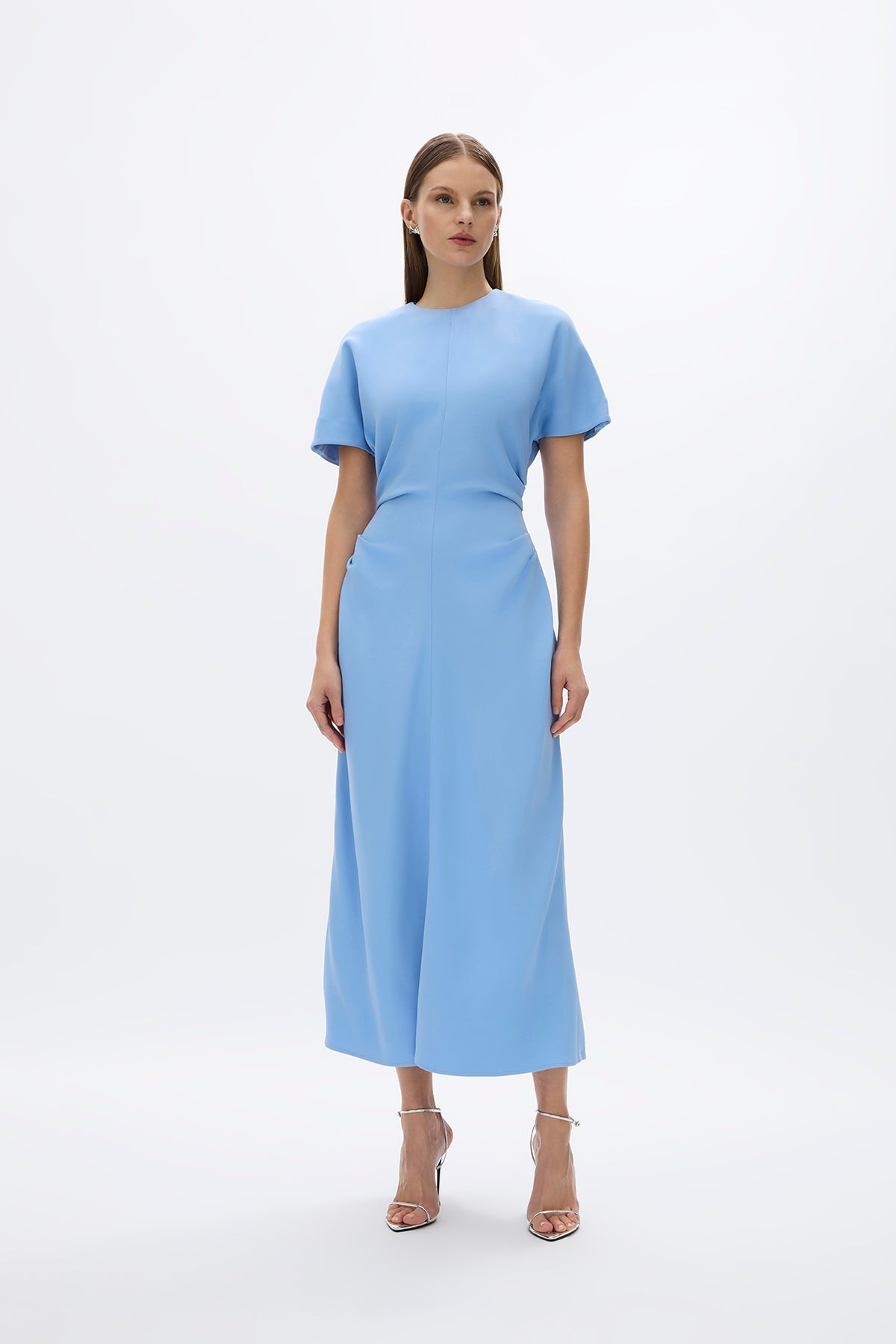 Orion Dress: chic blue mid-length dress with short sleeve and flowing skirt, perfect for day to night wear.