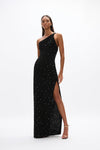 Kaito Gown: elegant black formal gown with one-shoulder design, high side split, and hand-placed embellishments. 