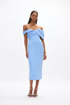 Mattie Dress: elegant blue cocktail dress featuring off-the-shoulder detail and back split falling to a mid-length.