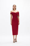 Mattie Dress: elegant red cocktail dress featuring off-the-shoulder detail and back split falling to a mid-length.