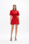 Dover Mini: Stylish red formal mini dress featuring short sleeves and a round neckline.