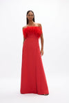 Link Gown: elegant red floor-grazing gown featuring a front split and feather detail, perfect for evening events. 