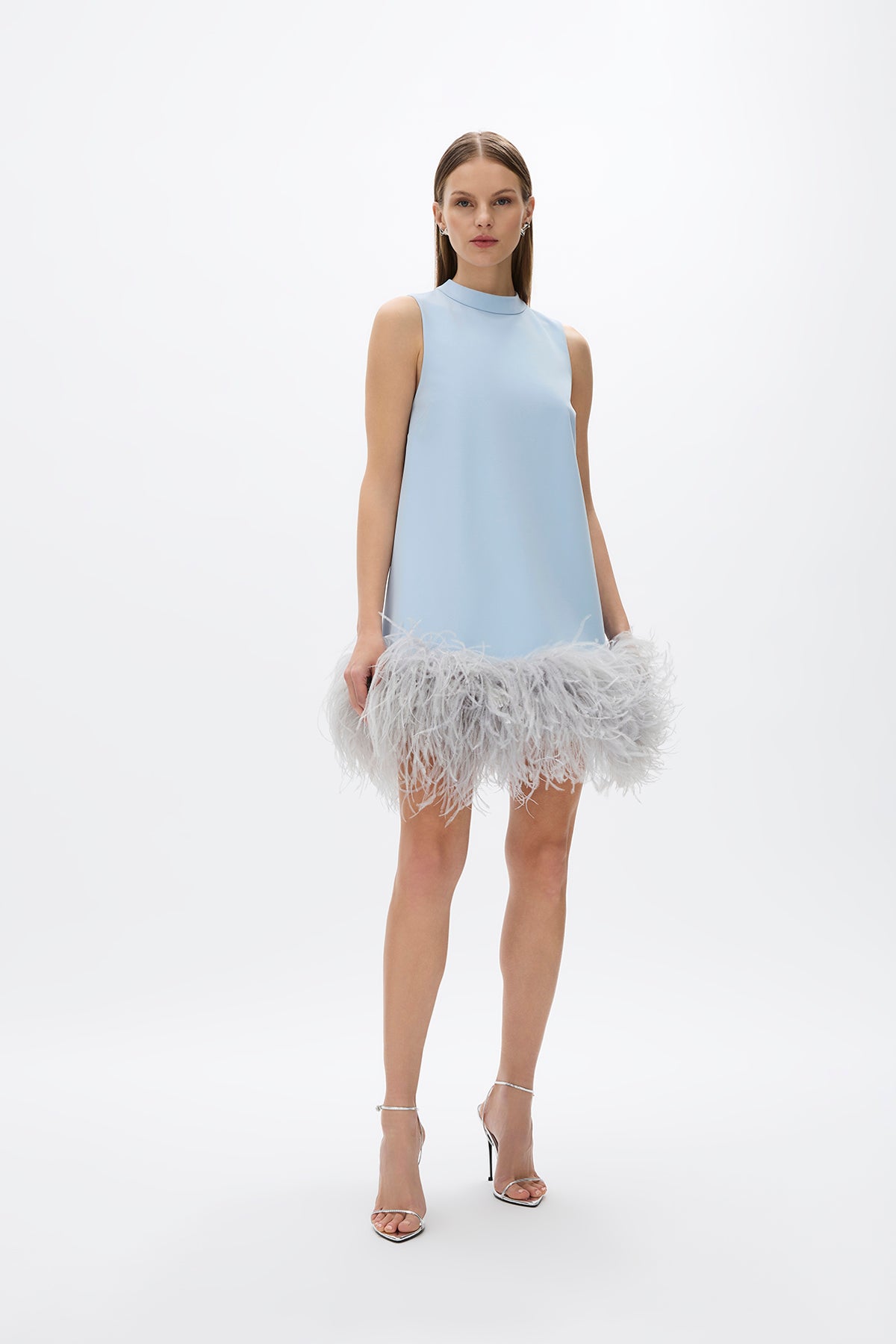 Linc Mini: chic blue A-line mini dress featuring a voluminous feather hem for a playful touch.