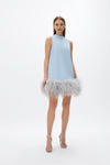 Linc Mini: chic blue A-line mini dress featuring a voluminous feather hem for a playful touch.