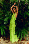 Cedar Gown: elegant full-length lime green maxi dress with semi-sheer fabric, thin straps, and frill detail throughout.