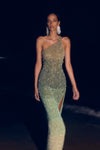 Kaito Gown: elegant green formal gown with one-shoulder design, high side split, and hand-placed embellishments. 