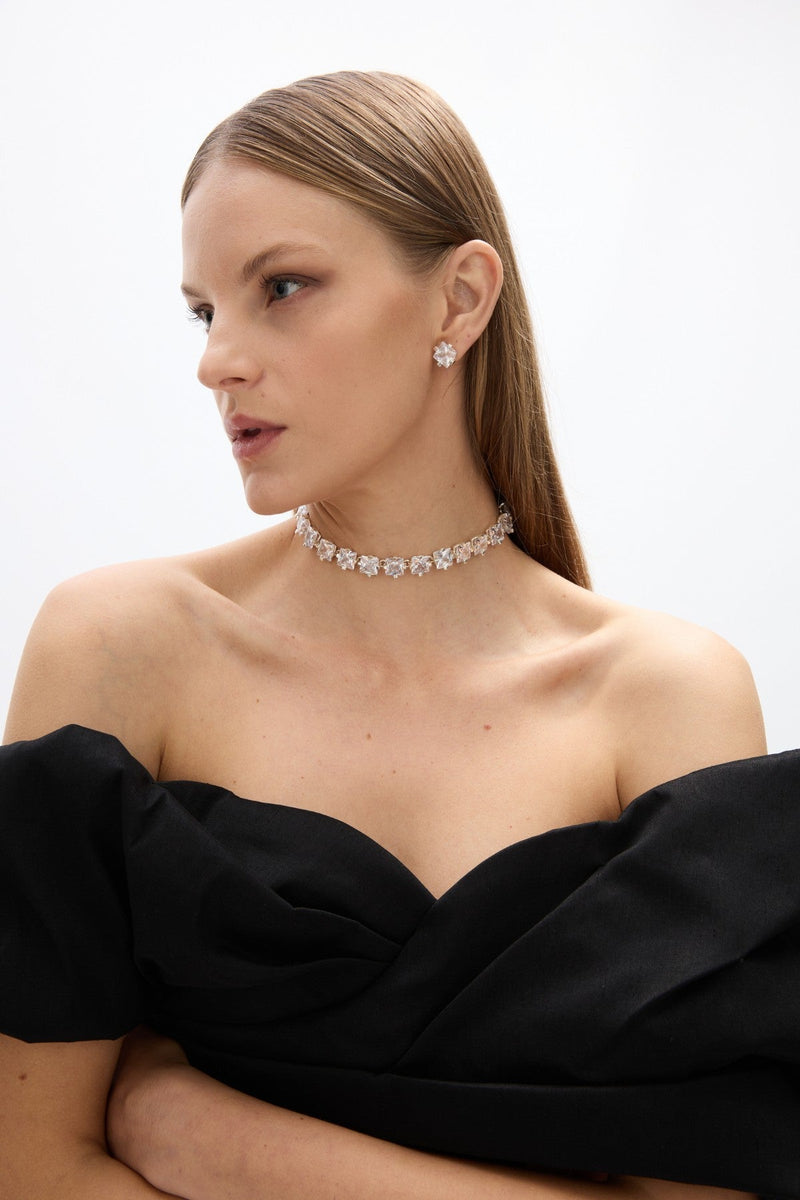 Attie Necklace: Silver cubic zirconia necklace, perfect to accessorise for formal events. 