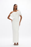 Kace Gown: sophisticated white formal gown featuring off-the-shoulder bow detail and side split. 