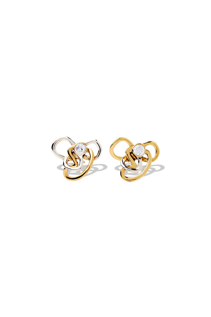 Waverly Earring: cubic zirconia earrings featuring silver and gold mixed metal curved design. 