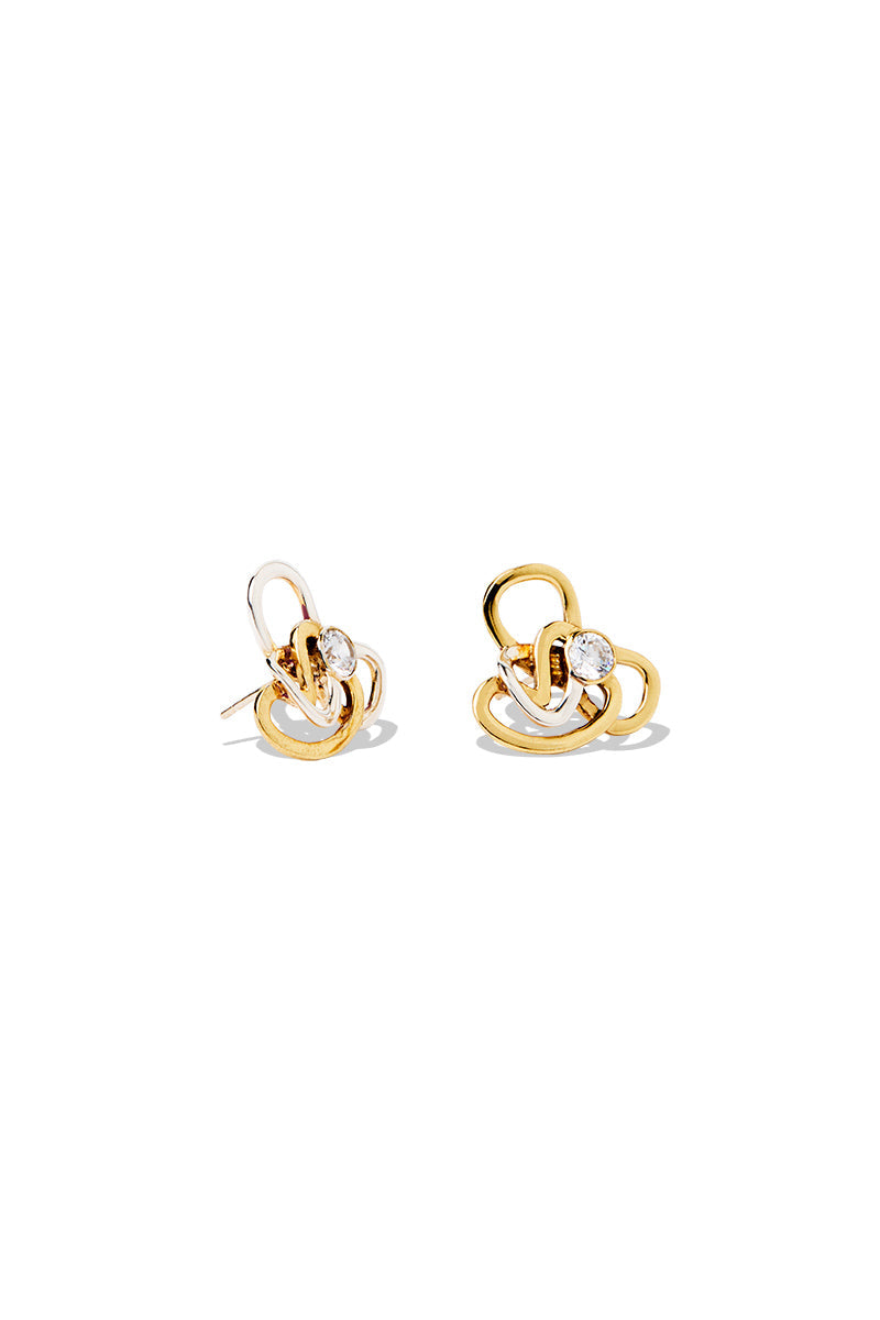 Waverly Earring: cubic zirconia earrings featuring silver and gold mixed metal curved design. 